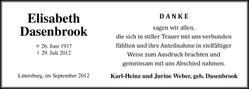 Traueranzeige von Elisabeth Dasenbrook von Ostfriesischer Kurier