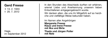 Traueranzeige von Gerd Freese von Ostfriesischer Kurier