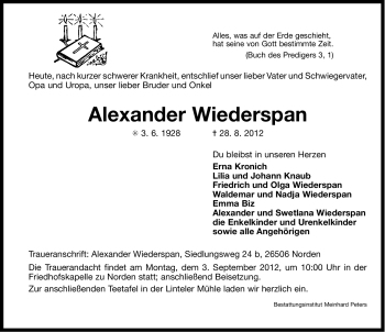 Traueranzeige von Alexander Wiederspan von Ostfriesischer Kurier