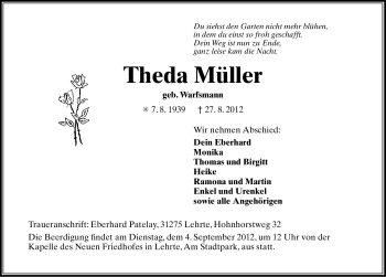 Traueranzeige von Theda Müller von Ostfriesischer Kurier