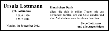 Traueranzeige von Ursula Lottmann von Ostfriesischer Kurier