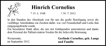 Traueranzeige von Hinrich Cornelius von Ostfriesischer Kurier