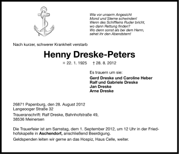 Traueranzeige von Henny Dreske-Peters von Ostfriesischer Kurier