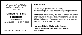 Traueranzeige von Christine Feldmann von Ostfriesischer Kurier