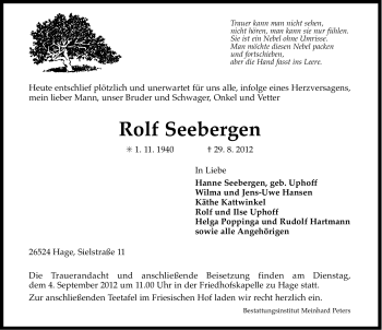 Traueranzeige von Rolf Seebergen von Ostfriesischer Kurier