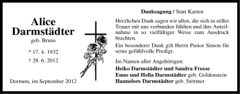 Traueranzeige von Alice Darmstädter von Ostfriesischer Kurier