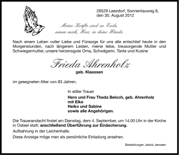 Traueranzeige von Frieda Ahrenholz von Ostfriesischer Kurier