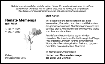 Traueranzeige von Renate Memenga von Ostfriesischer Kurier