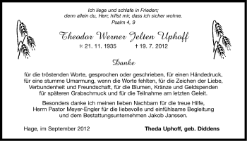 Traueranzeige von Theodor Werner Jelten Uphoff von Ostfriesischer Kurier