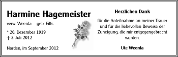 Traueranzeige von Harmine Hagemeister von Ostfriesischer Kurier