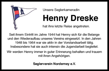 Traueranzeige von Henny Dreske von Ostfriesischer Kurier