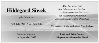 Traueranzeige von Hildegard Siwek von Ostfriesischer Kurier