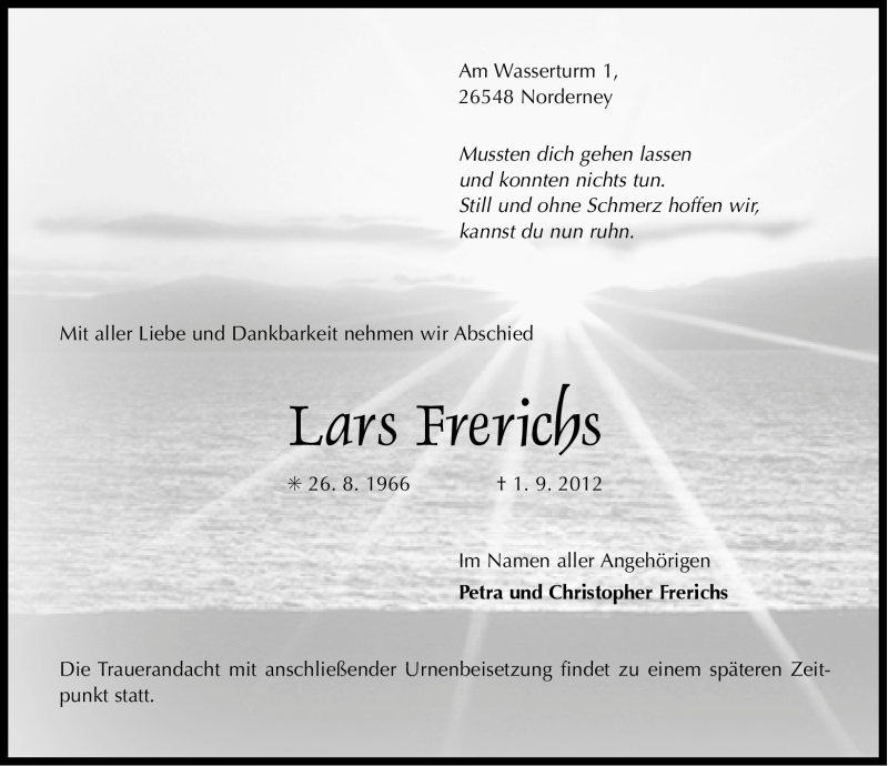  Traueranzeige für Lars Frerichs vom 05.09.2012 aus Ostfriesischer Kurier