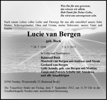 Traueranzeige von Lucie van Bergen von Ostfriesischer Kurier