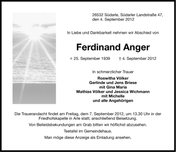 Traueranzeige von Ferdinand Anger von Ostfriesischer Kurier