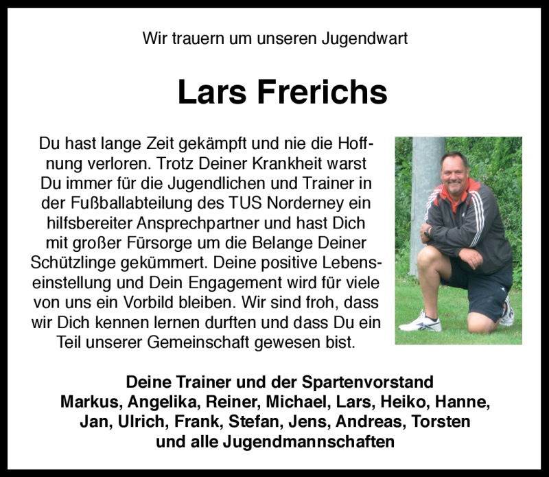  Traueranzeige für Lars Frerichs vom 05.09.2012 aus Ostfriesischer Kurier