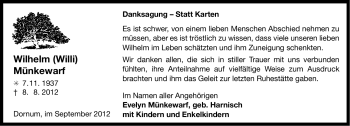 Traueranzeige von Wilhelm Münkewarf von Ostfriesischer Kurier