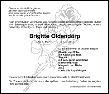 Traueranzeige von Brigitte Oldendörp von Ostfriesischer Kurier