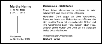 Traueranzeige von Martha Harms von Ostfriesischer Kurier