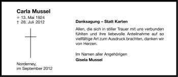 Traueranzeige von Carla Mussel von Ostfriesischer Kurier