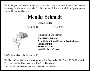 Traueranzeige von Monika Schmidt von Ostfriesischer Kurier