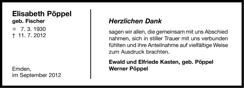  Traueranzeige für Elisabeth Pöppel vom 08.09.2012 aus Ostfriesischer Kurier