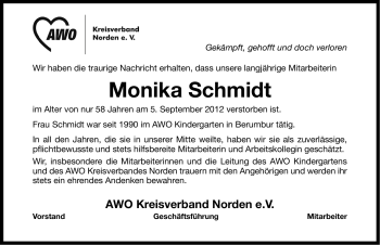 Traueranzeige von Monika Schmidt von Ostfriesischer Kurier