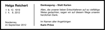 Traueranzeige von Helga Reichert von Ostfriesischer Kurier