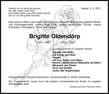 Traueranzeige von Brigitte Oldendörp von Ostfriesischer Kurier