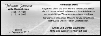 Traueranzeige von Johanne Janssen von Ostfriesischer Kurier