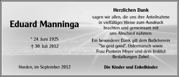 Traueranzeige von Eduard Manninga von Ostfriesischer Kurier