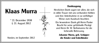 Traueranzeige von Klaas Murra von Ostfriesischer Kurier