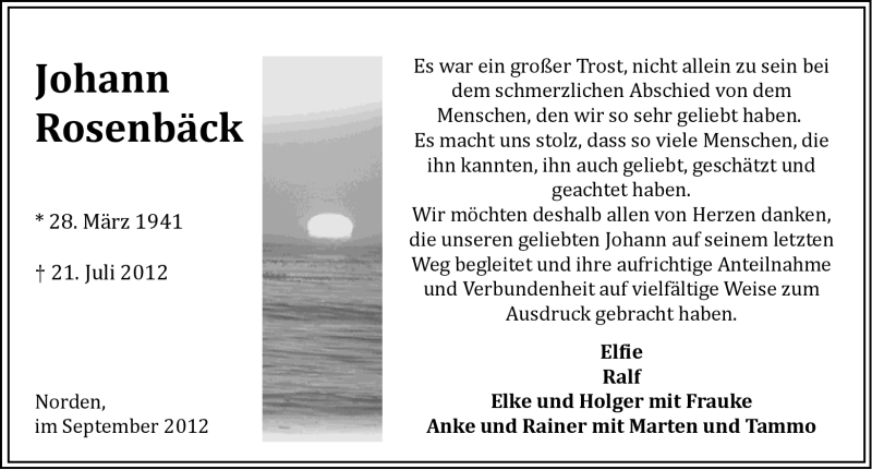  Traueranzeige für Johann Rosenbäck vom 08.09.2012 aus Ostfriesischer Kurier