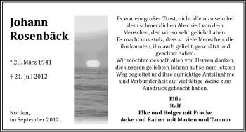Traueranzeige von Johann Rosenbäck von Ostfriesischer Kurier
