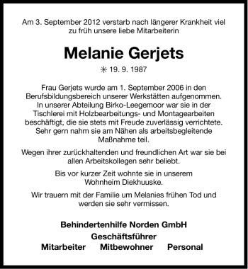 Traueranzeige von Melanie Gerjets von Ostfriesischer Kurier