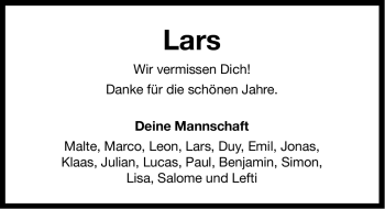 Traueranzeige von Lars  von Ostfriesischer Kurier