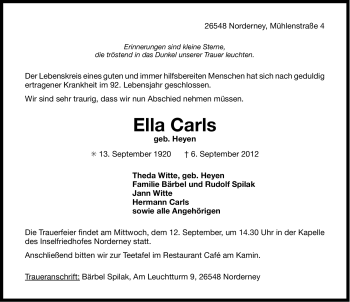 Traueranzeige von Ella Carls von Ostfriesischer Kurier