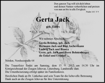 Traueranzeige von Gerda Jack von Ostfriesischer Kurier