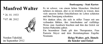 Traueranzeige von Manfred Walter von Ostfriesischer Kurier