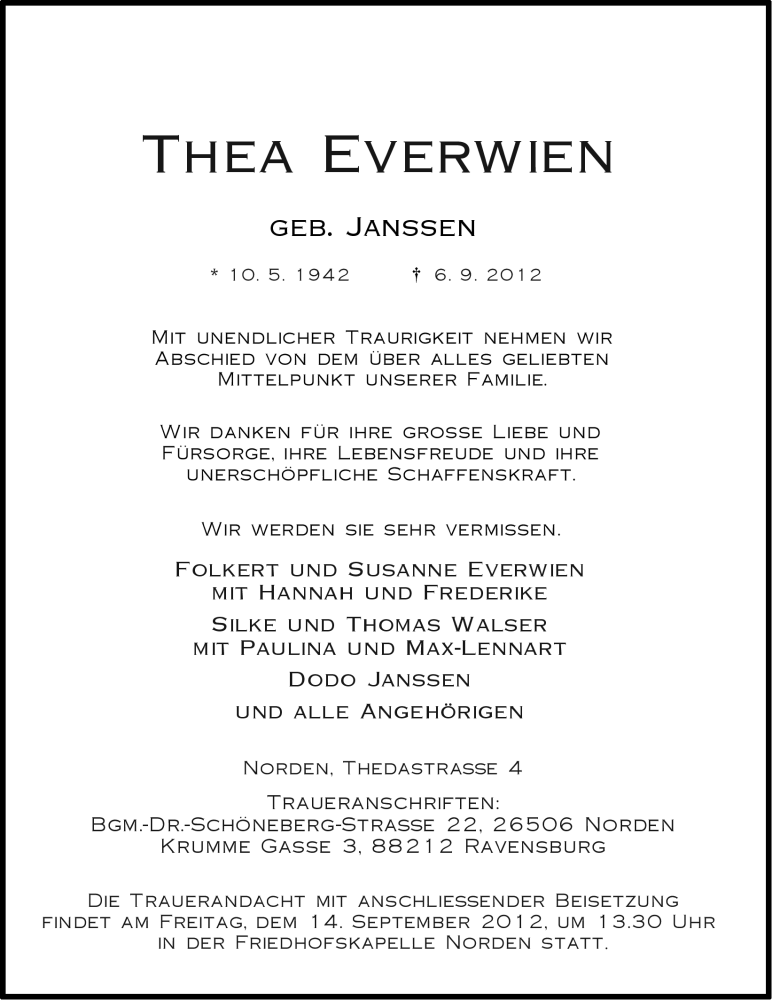  Traueranzeige für Thea Everwien vom 08.09.2012 aus Ostfriesischer Kurier