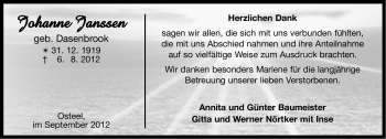 Traueranzeige von Johanne Janssen von Ostfriesischer Kurier