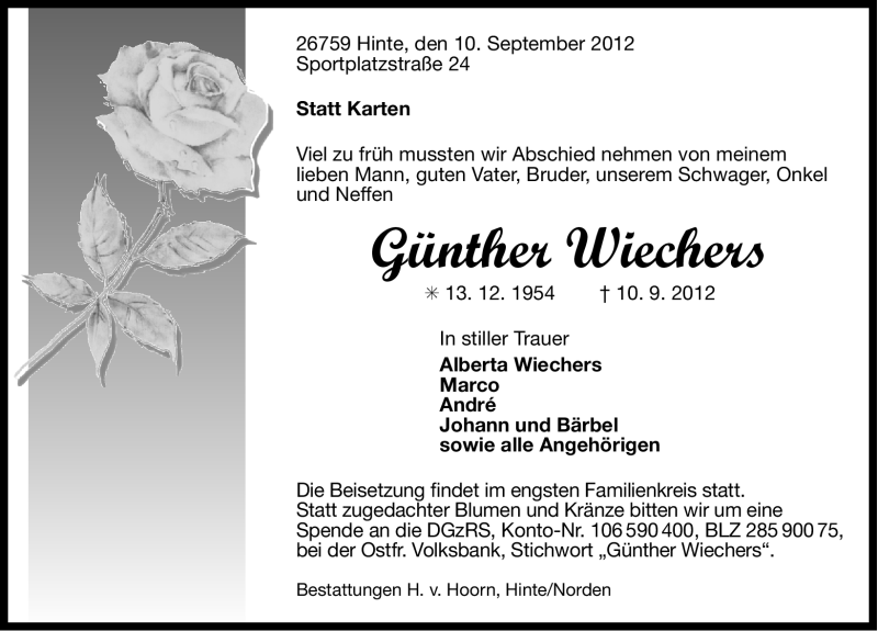  Traueranzeige für Günther Wiechers vom 11.09.2012 aus Ostfriesischer Kurier