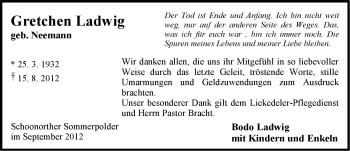 Traueranzeige von Gretchen Ladwig von Ostfriesischer Kurier