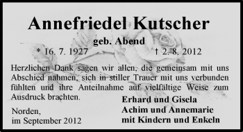 Traueranzeige von Annefriedel Kutscher von Ostfriesischer Kurier