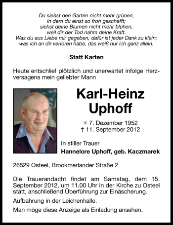 Traueranzeige von Karl-Heinz Uphoff von Ostfriesischer Kurier