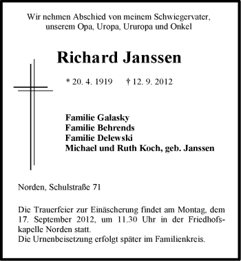 Traueranzeige von Richard Janssen von Ostfriesischer Kurier