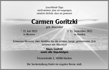 Traueranzeige von Carmen Goritzki von Ostfriesischer Kurier