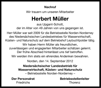 Traueranzeige von Herbert Müller von Ostfriesischer Kurier
