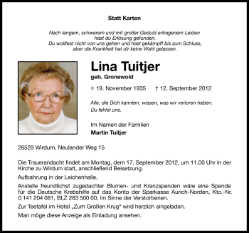 Traueranzeige von Lina Tuitjer von Ostfriesischer Kurier