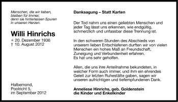 Traueranzeige von Willi Hinrichs von Ostfriesischer Kurier